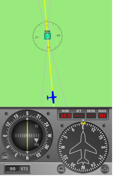 Kurz 090º, letadlo se nachází na radiálu 180º