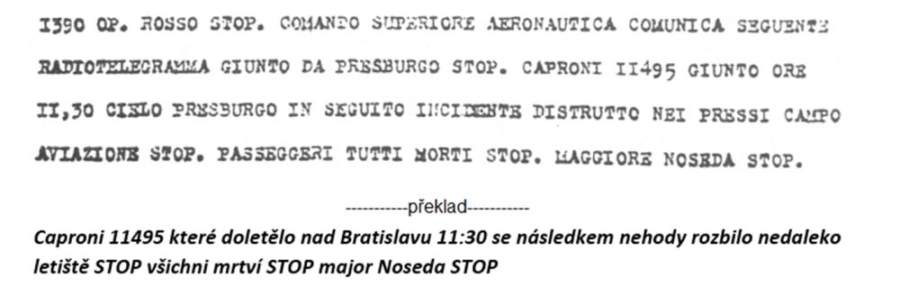 Text radiogramu, který informuje italské velitelství letectva o Štefánikově nehodě