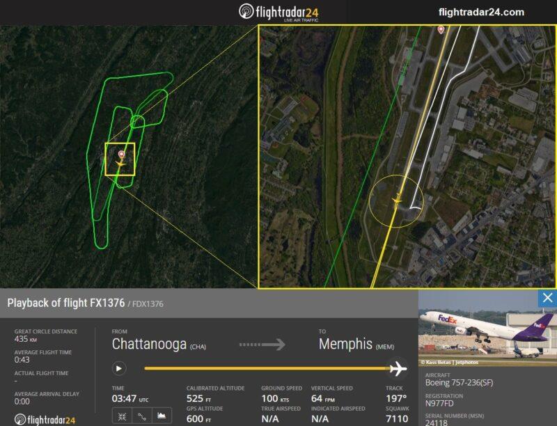 Trasa letu po kontrolním a nezdařených přiblíženích na letišti Chattanooga. Zdroj: Flightradar24. 