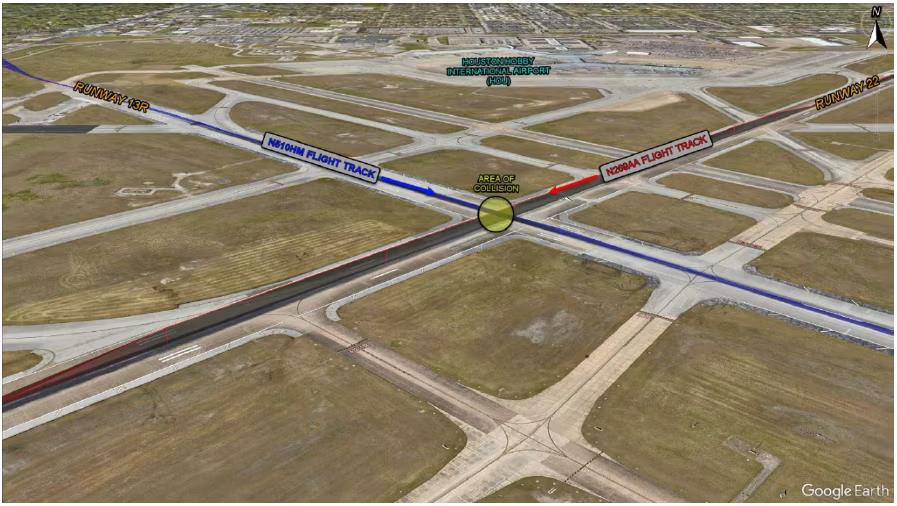 Místo, kde se obě letadla na letišti v Houstonu srazila. Zdroj: NTSB.