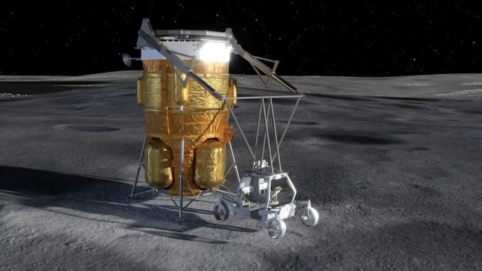 Umělecká vizualizace lunárního přistávacího modulu Blue Origin Blue Moon Mark 1, který vynáší Astrolab rover (CLV-1) na povrch Měsíce. Zůstane jen u vize? (Zdroj: Astrolab)