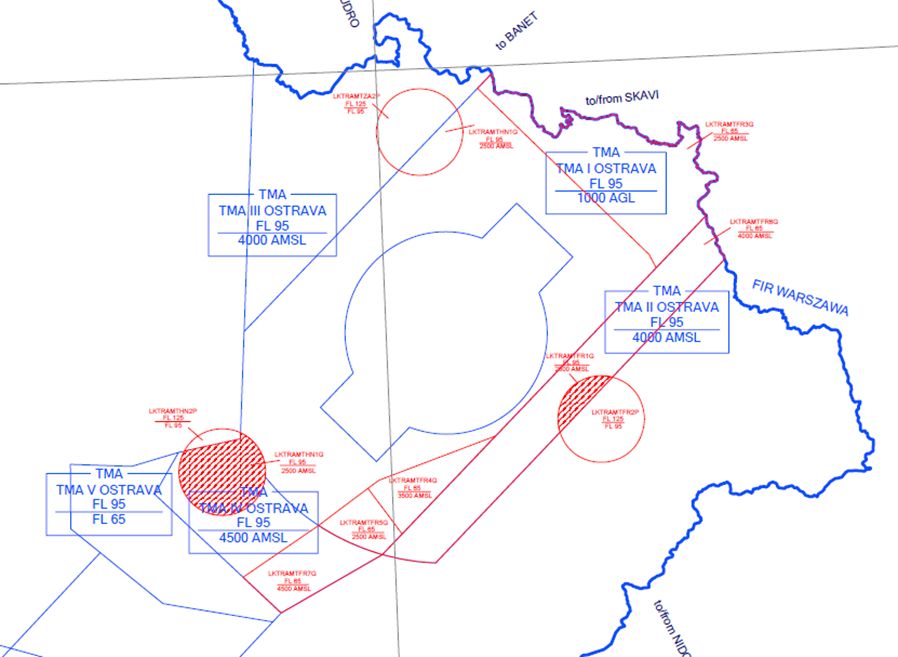 Grafické znázornění možných prostorů TRA GA k okolí CTR/TMA Ostrava