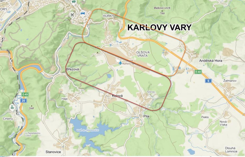 Dřívější tvar okruhů pro všeobecné letectví prezentovaný F Airem / Zdroj Letiště Karlovy Vary, F Air, Mapy.cz