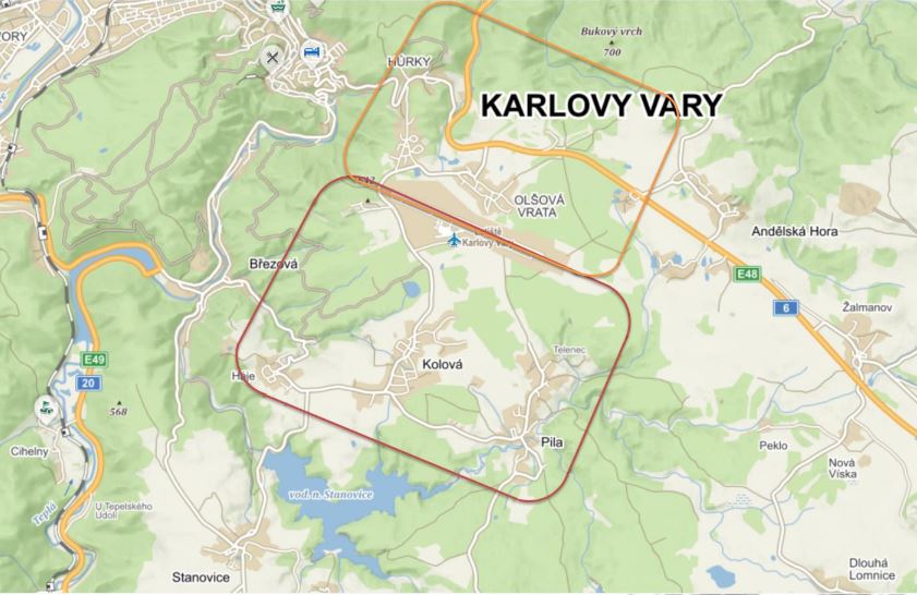 Nový tvar okruhů navrhovaný společností F Air / Zdroj Letiště Karlovy Vary, F Air, Mapy.cz