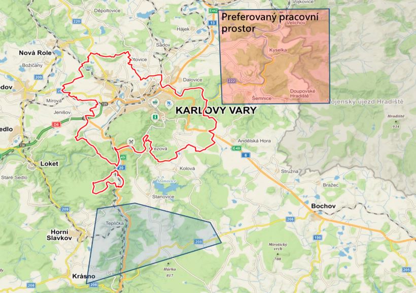 Plánované pracovní prostory pro výcvikové lety / Zdroj Letiště Karlovy Vary, F Air, Mapy.cz