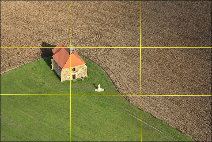 Velmi zjednodušeně řečeno se fotografie dělí do třetin. Do průsečíků dělicích linek nebo do jejich blízkosti (dle možností) se pak snažíme nakomponovat hlavní objekty nebo jejich hlavní části. Máme-li v záběru i oblohu, pak ji může náležet jedna třetina (nehraje-li tak důležitou roli) nebo dvě třetiny. Na přiložené jednoduché fotografii vidíte kapličku v polích usazenou do levého horního rohu, která jakoby se dívala do fotografie. Je-li to ve vašich silách, můžete si takovou dělicí mřížku představovat při pohledu do hledáčku nebo na displej. Některé fotoaparáty ji mohou i samy zobrazovat (hledejte v menu).