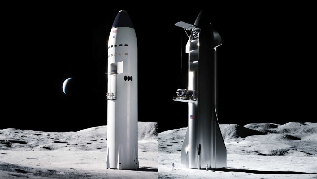 Modifikace HSL Starship – vlevo pilotovaná s výtahem pro posádku, vpravo nákladní verze / Zdroj: SpaceX