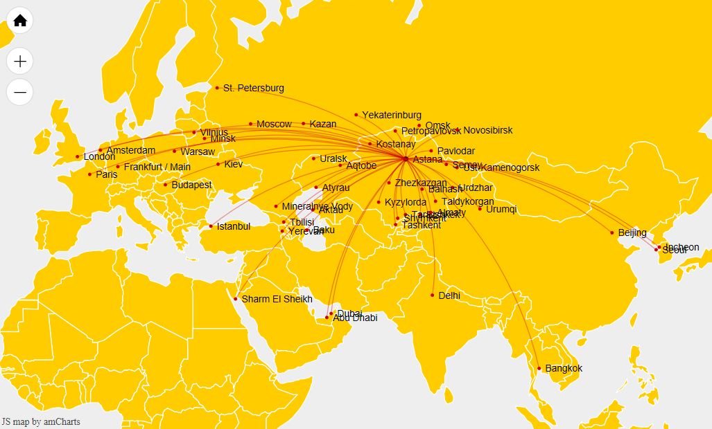 Mapa destinací dostupných z Astany (Amsterdam již není operován)