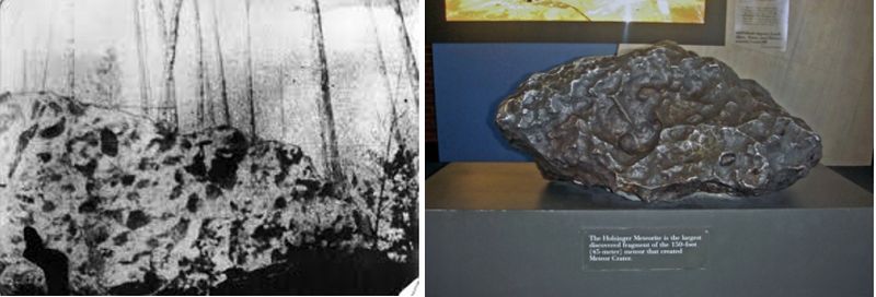 Ztracený tzv. Jankovského kámen (vlevo), ne nepodobný fragmentu arizonského „Holsingerova“ meteoritu