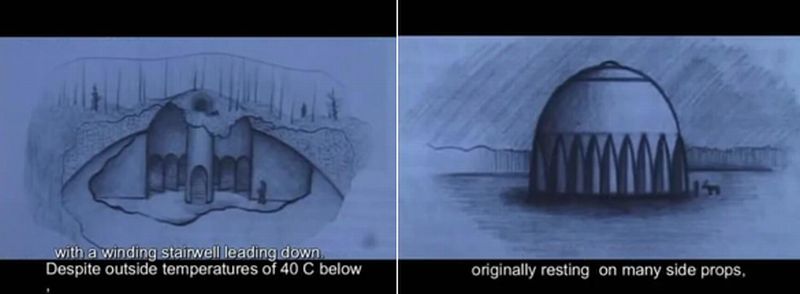 Náčrtek „raketového“ sila v „kotli“ podle vyprávění Evenků – viz film Plavba do Údolí smrti