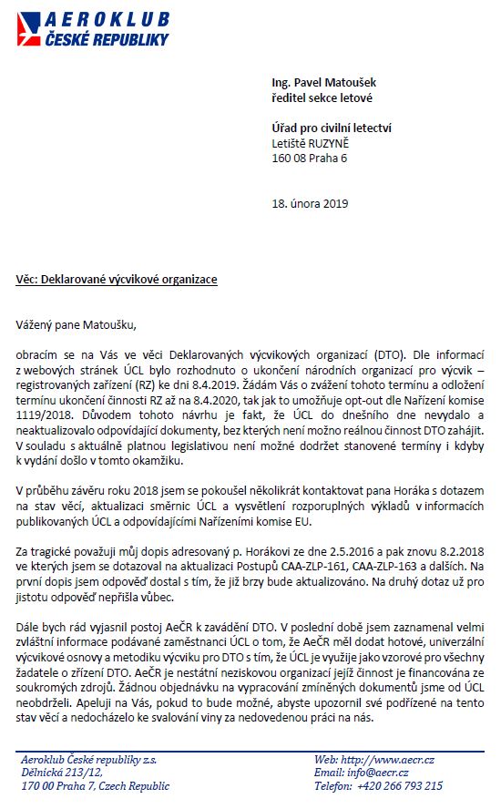 Dopis, který prezident AeČR Vladimír Machula zaslal na ÚCL a který prostřednictvím Kateřiny Půlpánové ze sekretariátu národního aeroklubu poskytl naší redakci
