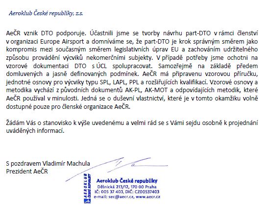 Dopis, který prezident AeČR Vladimír Machula zaslal na ÚCL a který prostřednictvím Kateřiny Půlpánové ze sekretariátu národního aeroklubu poskytl naší redakci