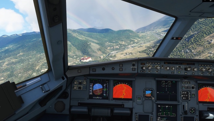 Přiblížení k letišti Paro ve hře Microsoft Flight Simulator (2020)