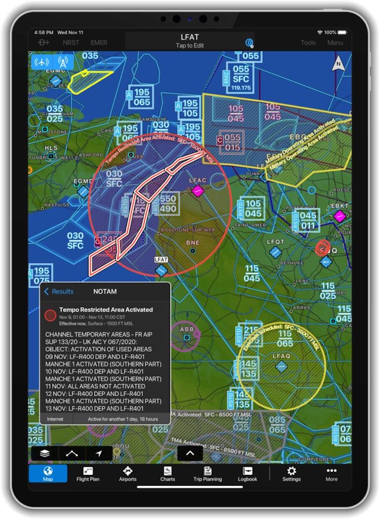 NOTAMy zobrazené v mapě aplikace