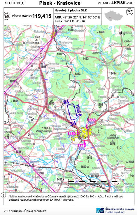 Mapa pro přílet na letiště Písek