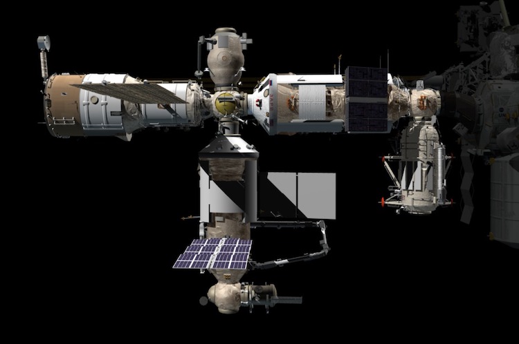 Animace ruského segmentu ISS už s „visící“ chystaným modulem  Nauka / Zdroj: Wikipedia