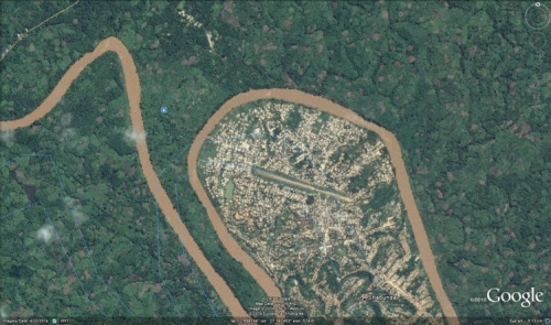 Map, South Kivu River from right to left, inside the loop Shabunda is on the left bank of the river (Graphics:Google Earth)