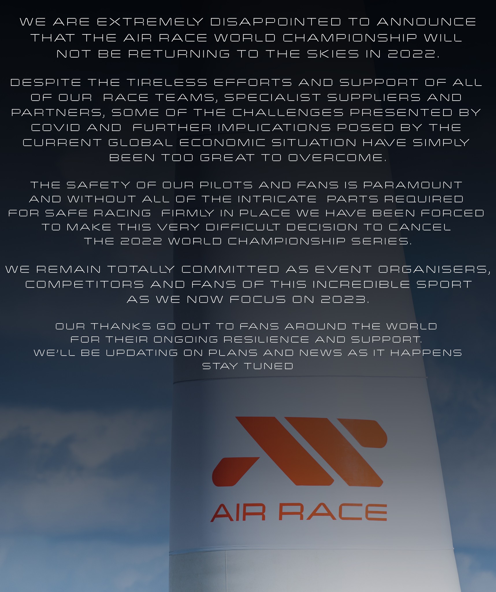 Vyjádření organizátorů k zrušení série závodů 2022 / Foto: Facebook.com @AIR RACE