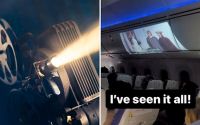 Cestující za letu pouštěl film přes projektor