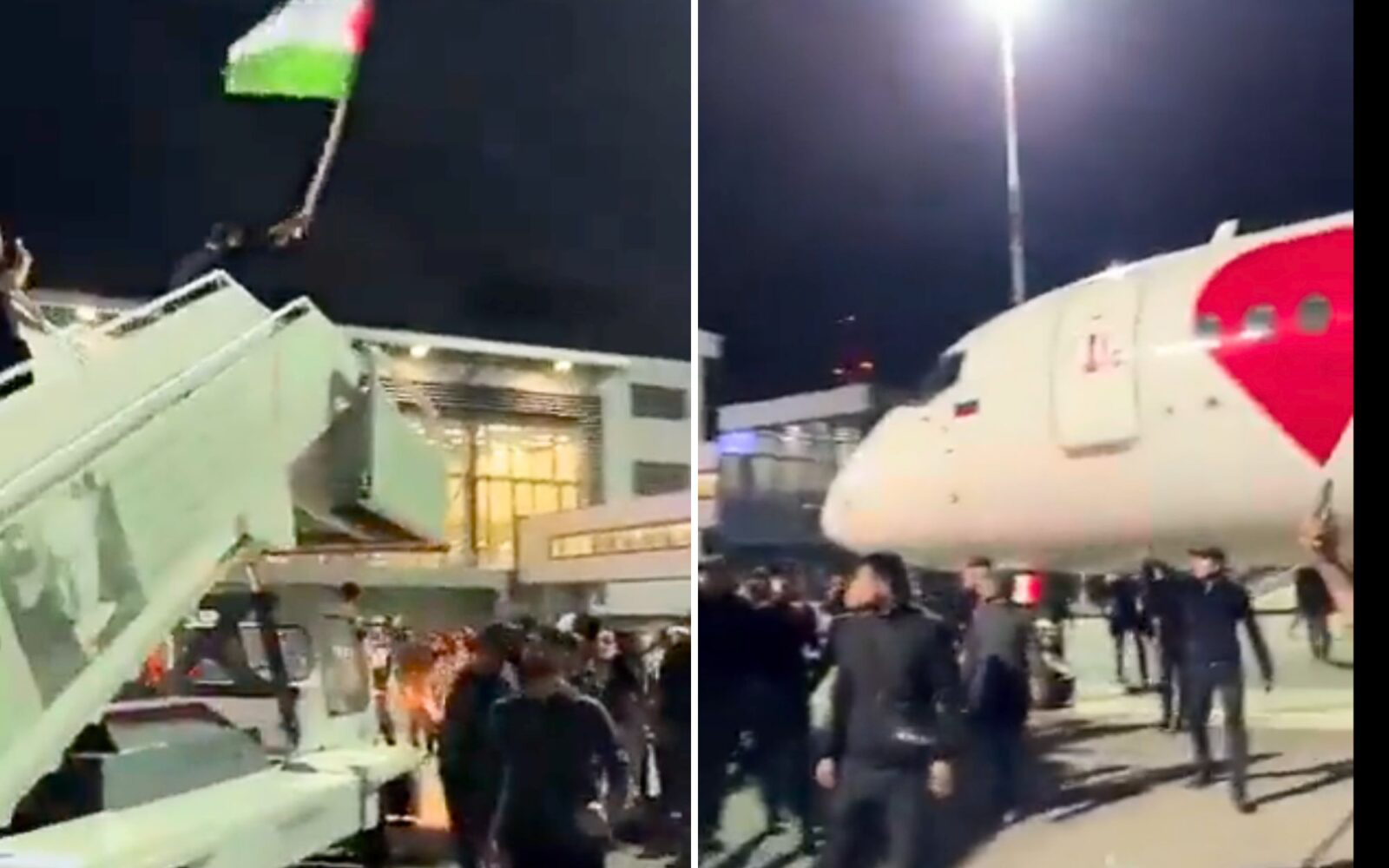 Dav na letišti byl vybaven palestinskými vlajkami a křičel muslimská hesla